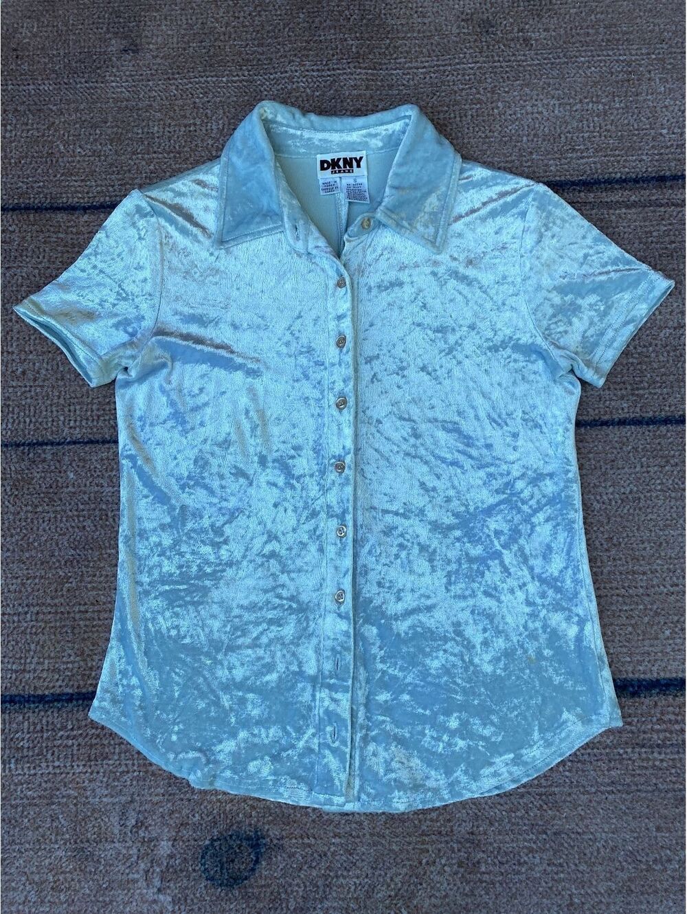 Y2K 90’s vintage DKNY jeans velvet short sleeve collar button up top silver sm
